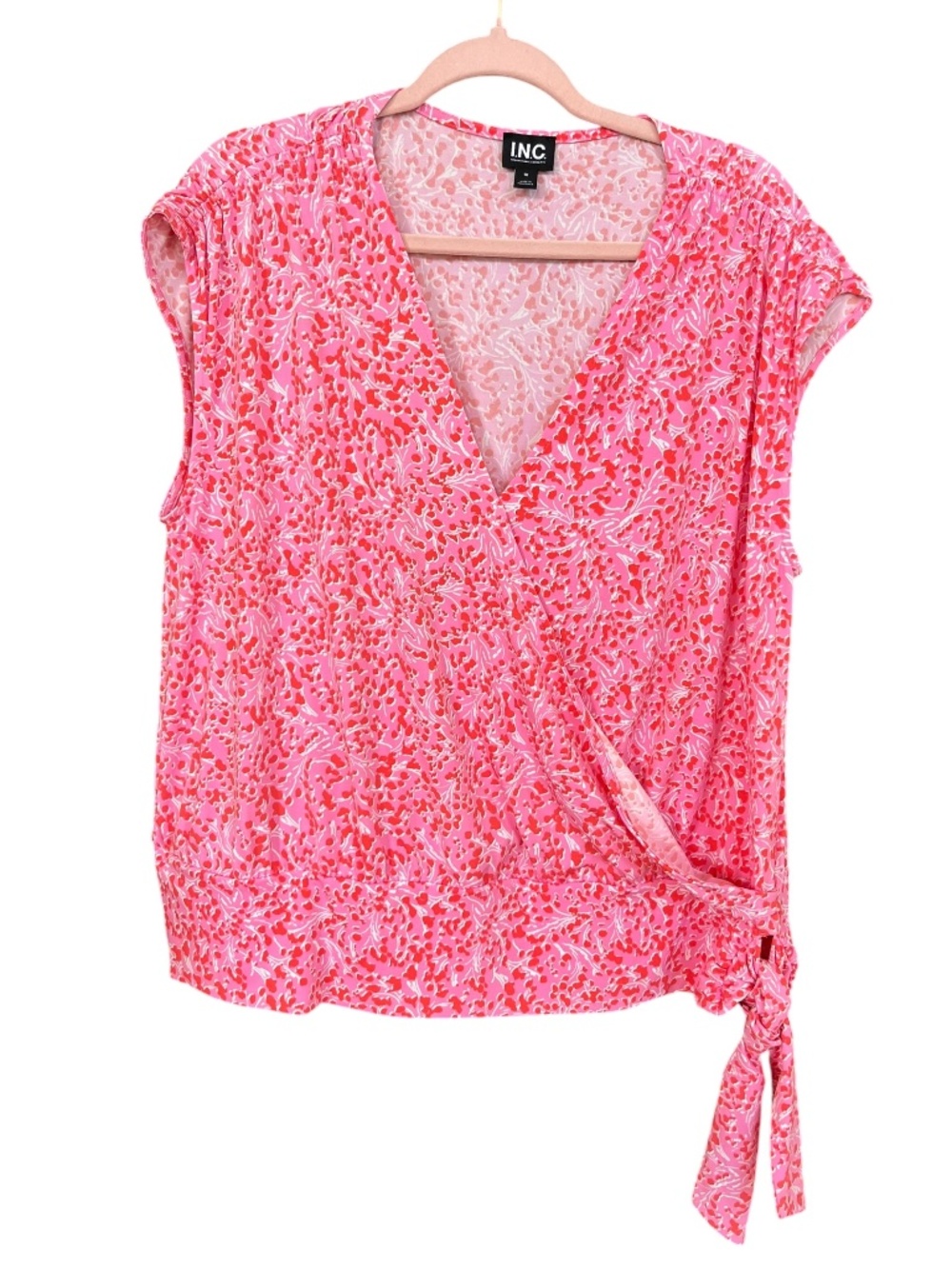 INC Pink & Red Floral Sleeveless Side Tie Cinched Shoulders Surplice Top SZ 1X